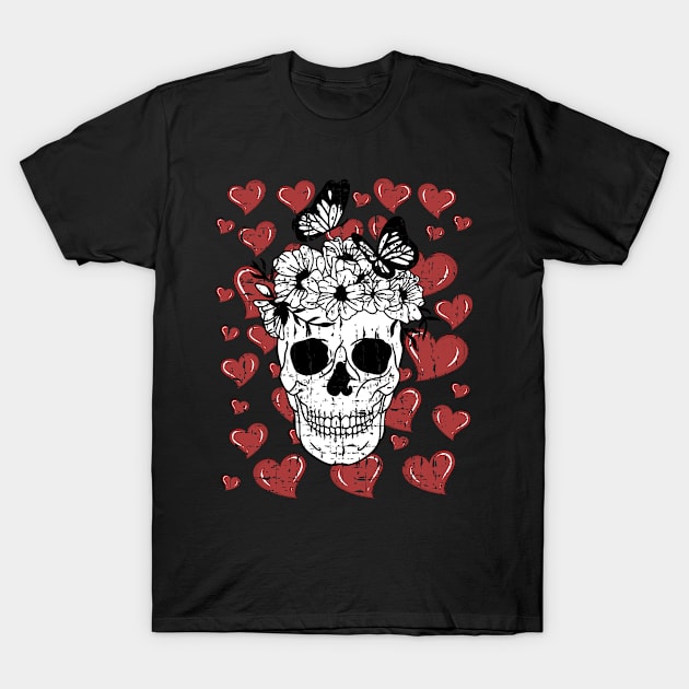 Butterfly Skull Valentines Red Hearts Skeleton T-Shirt by Jas-Kei Designs